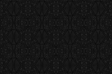 Geometric volumetric convex 3D pattern. Embossed black background in Eastern, Indian, Mexican, Aztec styles.
Unique texture with ethnic ornament. Beautiful wallpaper for design and decor.
