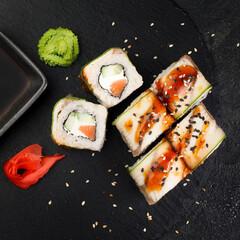Japanese menu. Asian cuisine. roll canada with eel. sushi from fresh fish. healthy and proper nutrition concept. Top view.