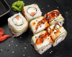 Japanese menu. Asian cuisine. roll canada with eel. sushi from fresh fish. healthy and proper nutrition concept. dish from the chef.