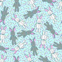 vector seamless pattern white and gray rabbits doll toys with bows and eyes with buttons on a background of colored spots. Background for nursery, children's things, fabrics, prints.