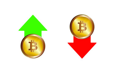 Bitcoin icon.Rise and fall in the value of bitcoin. Red and green arrows.Growth and fall concept in trading. Vector Cryptocurrency.Bitcoin in bullish or bearish market trend. Coin price.	
