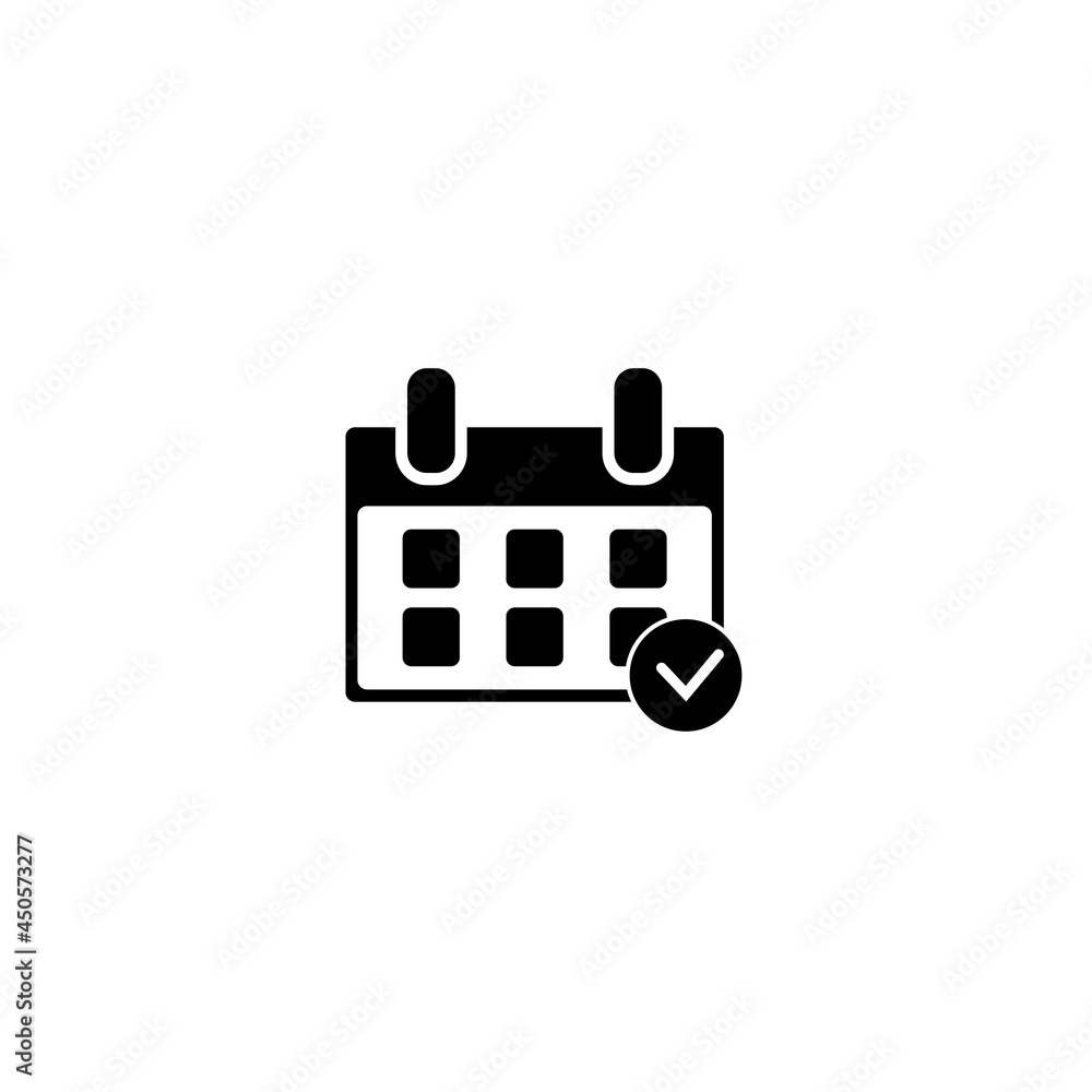 Poster black calendar with check mark icon isolated on white background. set icon in color square buttons. 