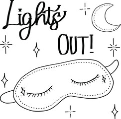 vector sleep mask with closed eyes with eyelashes. Good night with month and stars isolated hand illustration