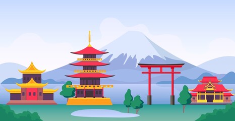 Fototapeta premium Japan landscape with mountain Fuji, landmarks, temples and old building. Japanese tourism travel scenery with pagoda and gates vector scene