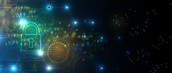 internet digital security technology concept for business background. Lock on circuit board
