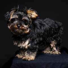 Little Yorkshire Terrier puppy on a black background