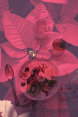 a beautiful pinkish red picture of a flower blended completely with a modern and aesthetical plate including fresh fruits like kiwifruit, oranges, cherries, and many fresh fruits placed on the table