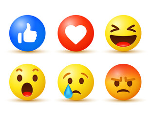 Fototapeta premium 3d social media reaction, collection of emoji reactions, sad cry emoji, funny haha emoticon, surprise wow emoji, grumpy angry emoticon, like thumb up icon, love heart icon 