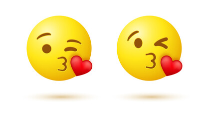 Kissing face emoji with red heart and winking eye -  3d love emoticon blowing or Throwing a kiss - lovely emotions
