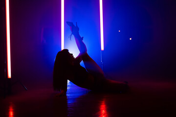 Silhouette of beautiful dancer on smoky multi-colored background. Neon spotlight shines behind sexy woman. Lady moving seductively. Concept of choreography, dance, performance