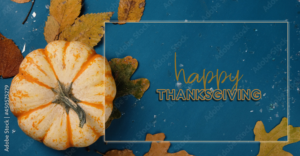 Poster fall rustic backdrop with mini pumpkin on blue background for thanksgiving holiday graphic. - Posters