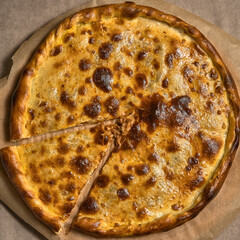 Ruddy closed pizza on a wooden tray