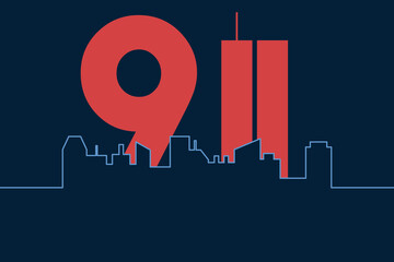 9/11 USA Never Forget September 11, 2001. Twin Towers WTC Skyscrapers Sillhouette Vector illustration cover. Patriot day, USA Day of Remembrance, Memorial Day United States. 11.09.2001. Never Forget