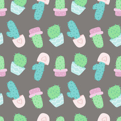 cute vector seamless pattern with cartoon cacti in pots. it can be used as wallpaper, poster, print for clothing, fabric, textiles, notebooks, packaging paper.