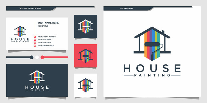 House painting logo design with paint colour combination concept and business card Premium Vecto