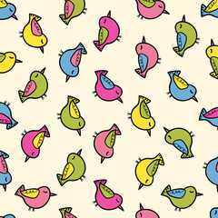 Seamless pattern with funny colorful birds. Color flat vector illustration with little cartoon bird. Cute characters. Template design for invitation, poster, card, flyer, textile, fabric for kids