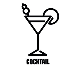 Glass of martini cocktail with olive. Black and white drink icon, simple and stylish bar logo. Isolated vector clip art illustration