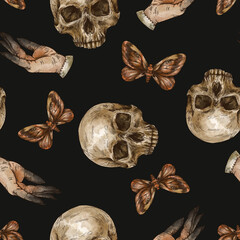 Vintage mystic skull vintage seamless pattern, moth witch hands texture. Occult wallpaper
