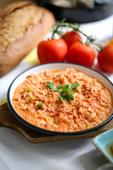 Traditional Turkish breakfast food menemen made by eggs and tomatoes