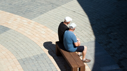 Dwoje mężczyzn w białych czapkach siedzących na drewnianej ławce