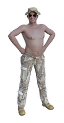 Illustration of a male soldier bare chested with a beer belly smiling wearing sunglasses with a hat on.