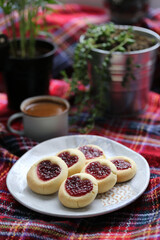 Delicious strawberry tart with pastry cream, on a white concrete background. 