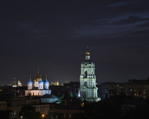 Fototapeta premium Bell tower in Novospassky monastery at night