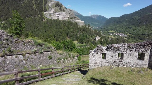Scenic sight of the ancient Fenestrelle Fortress (Forte di Fenestrelle). Piedmont, Italy.