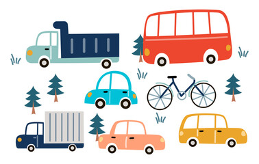 Set of cute hand drawn cars. Truck, bus, bycicle, dump truck, sedan, wagon. Cars for fabric, textile and wallpaper designs. Collection of flat cartoon vector illustration isolated on white background