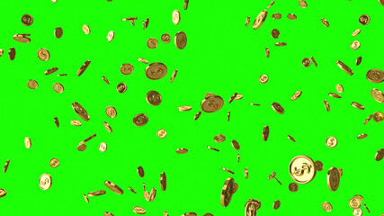 Falling gold coins with dollar symbol on a green background.