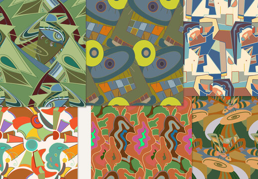 Set of Abstract Seamless Patterns with Cubism Art Elements and Graffiti Wall Style