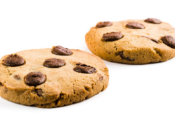 Chocolate cookies isolated on white background. Close-up Macro. Selective focus.