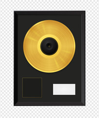 Gold music vinyl record in black frame. Vector image on transparent background