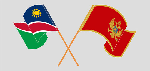 Crossed and waving flags of Namibia and Montenegro