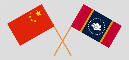 Crossed flags of China and the State of Mississippi. Official colors. Correct proportion