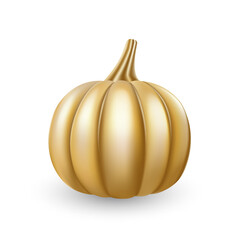 Golg pumpkin. Festive golden color Thanksgiving day design element. Glossy Modern halloween symbol and decoration. 3d realistic vector illustration isolated on white background.