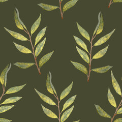Seamless pattern of green leaves on an olive background
