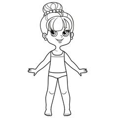 Cute cartoon girl with hair gathered in a large bun at the top of the head dressed in underwear and barefoot outline for coloring on white background