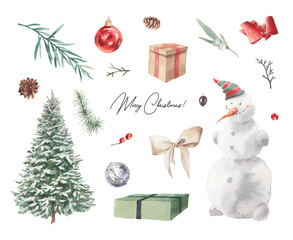 Watercolor Christmas set. Holiday winter card with snowman, christmas tree, gift boxes, fir and mistletoe floral elements isolated on white background
