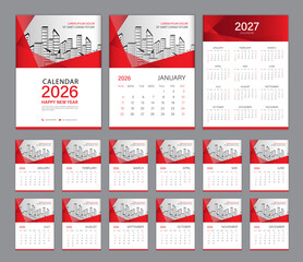 Wall Calendar 2026 template set and Calendar 2027 design, Red Cover. Week Starts on Sunday, Set of 12 Months, Desk calendar 2026 design, Planner, red abstract background, minimal style, Vertical.
