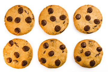 Chocolate cookies isolated on white background. Close-up Macro. Selective focus. Top view.