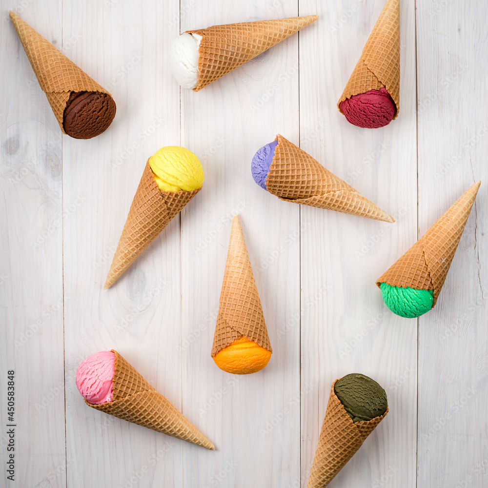 Canvas Prints different flavor ice creams with cone, ice cream scoops of different flavours