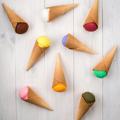 different flavor ice creams with cone, ice cream scoops of different flavours