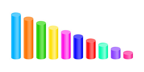 Colorful cylinders. Bar graph, column chart elements for finance statistical infographic. Growth or decrease signs. Vector 3d illustration.