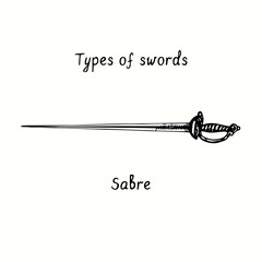 Types of swords. Sabre. Ink black and white doodle drawing in woodcut style.