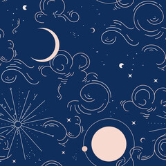 Celestial universe moon sun stars constellation surface pattern . vintage lunar calendar