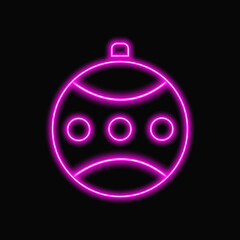 Purple neon Christmas ball on dark background. Design element for bar party wall decoration. Vector realistic illustration.