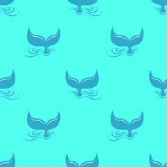 Whale tail flat seamless pattern on blue background. Vector illustration.