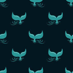 Whale tail flat seamless pattern on blue background. Vector illustration.