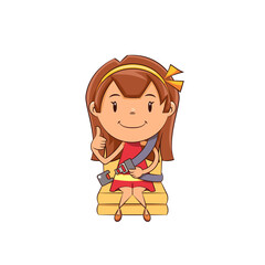 Girl seat belt, buckle up, happy cute child